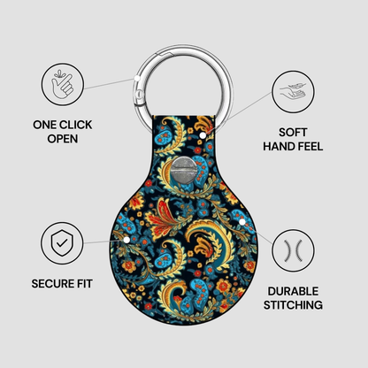 Keychain with floral design and features listed on a gray background