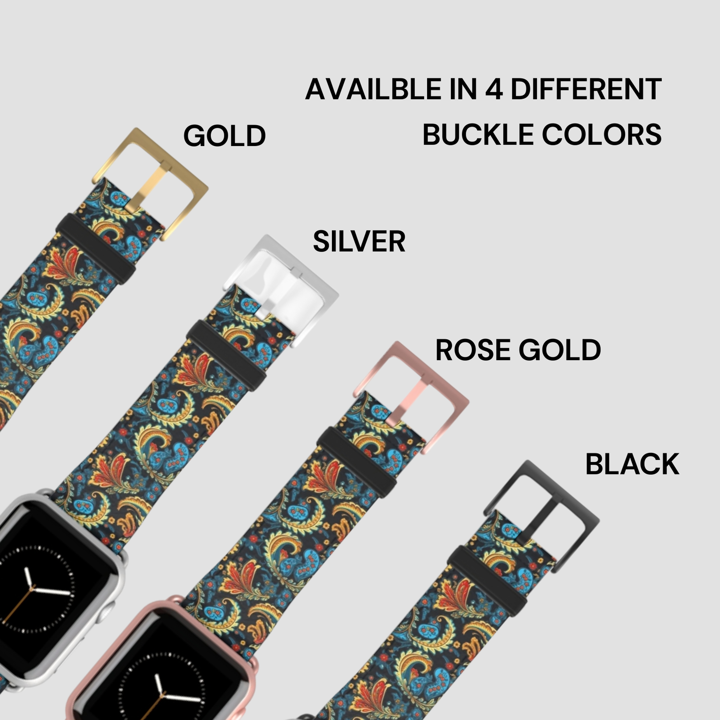 Floral patterned watch strap with buckle color options on a light gray background