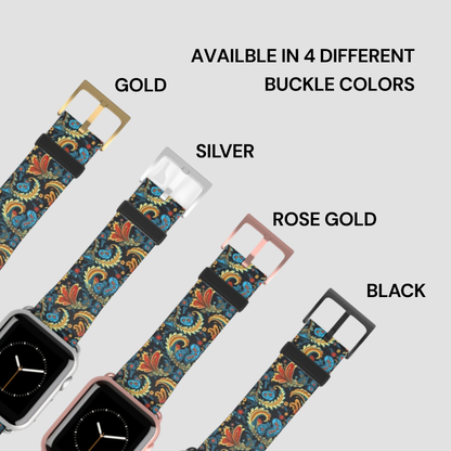 Floral patterned watch strap with buckle color options on a light gray background