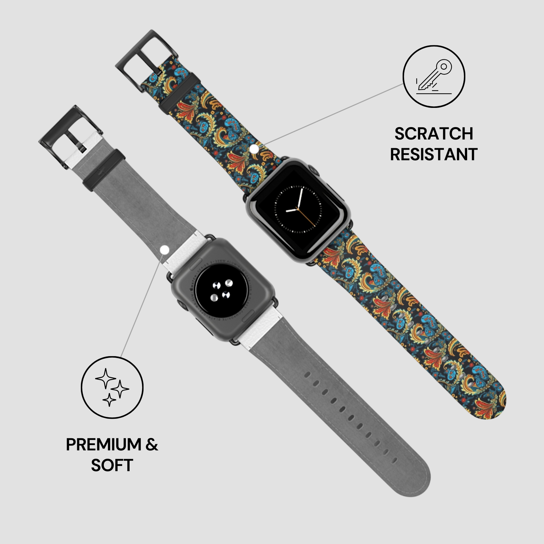 Two watch straps with floral and gray designs on a light gray background, labeled 'Scratch Resistant' and 'Premium & Soft'.