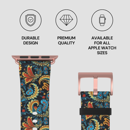 Watch strap with paisley pattern and product features on a light gray background