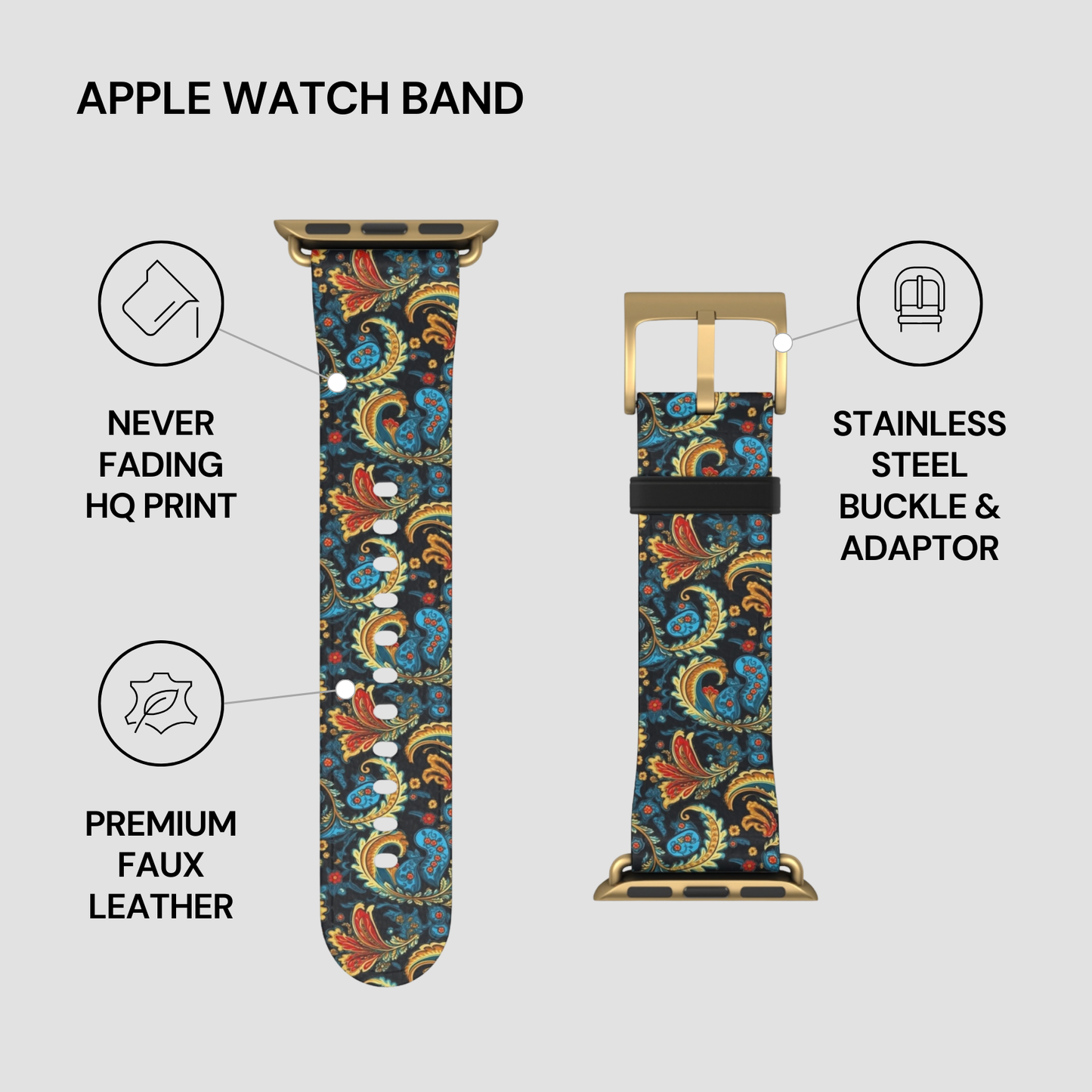 Apple watch band with floral design on a gray background
