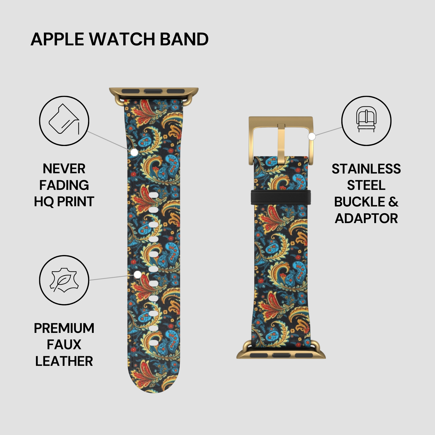 Apple watch band with floral design on a gray background