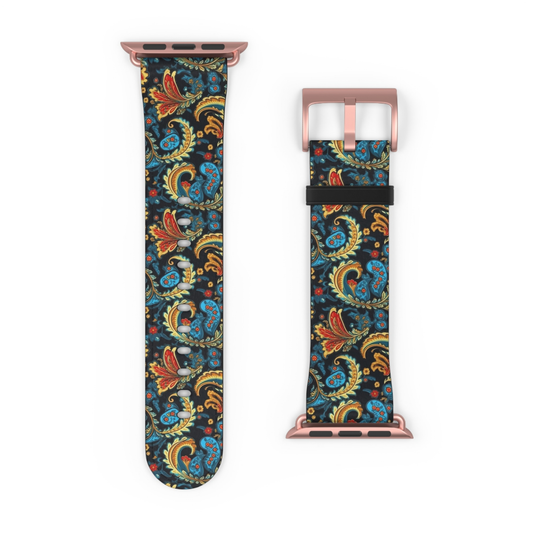 Watch band with floral pattern and rose gold hardware on a white background