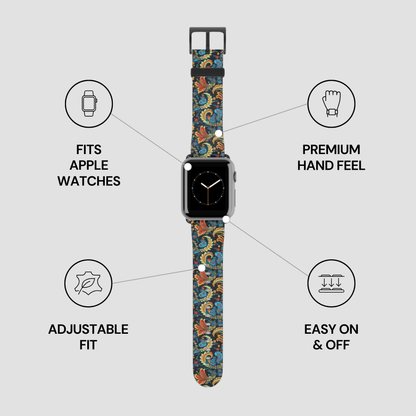 Watch with a floral patterned band on a gray background with feature icons.