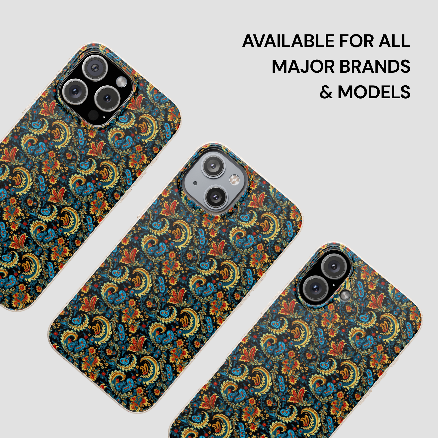 Three phone cases with a colorful pattern on a light gray background, with text indicating compatibility for major brands and models.