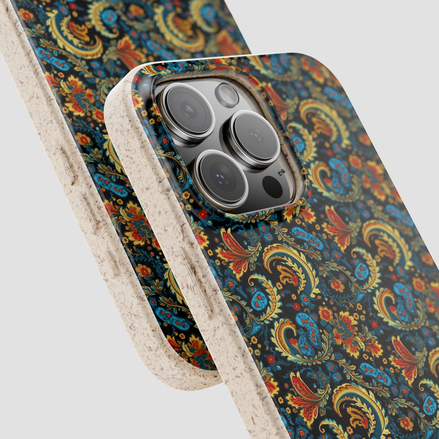 Phone case with a colorful paisley pattern on a white background
