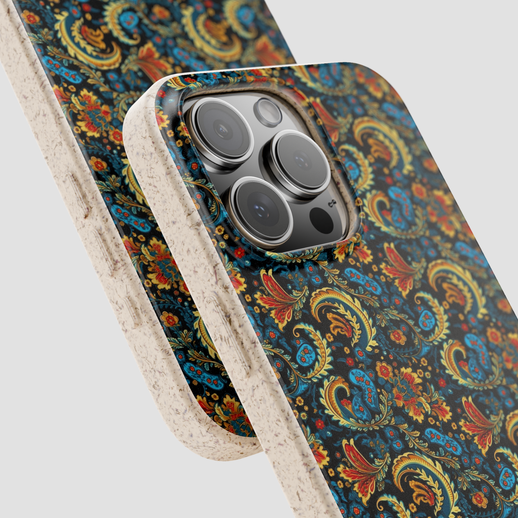 Phone case with a colorful paisley pattern on a white background