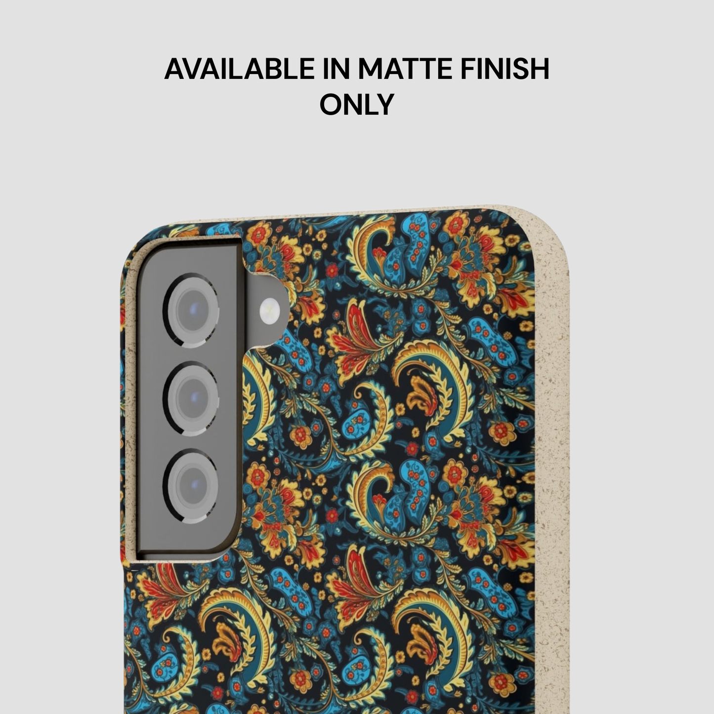 Phone case with colorful paisley design on a light gray background
