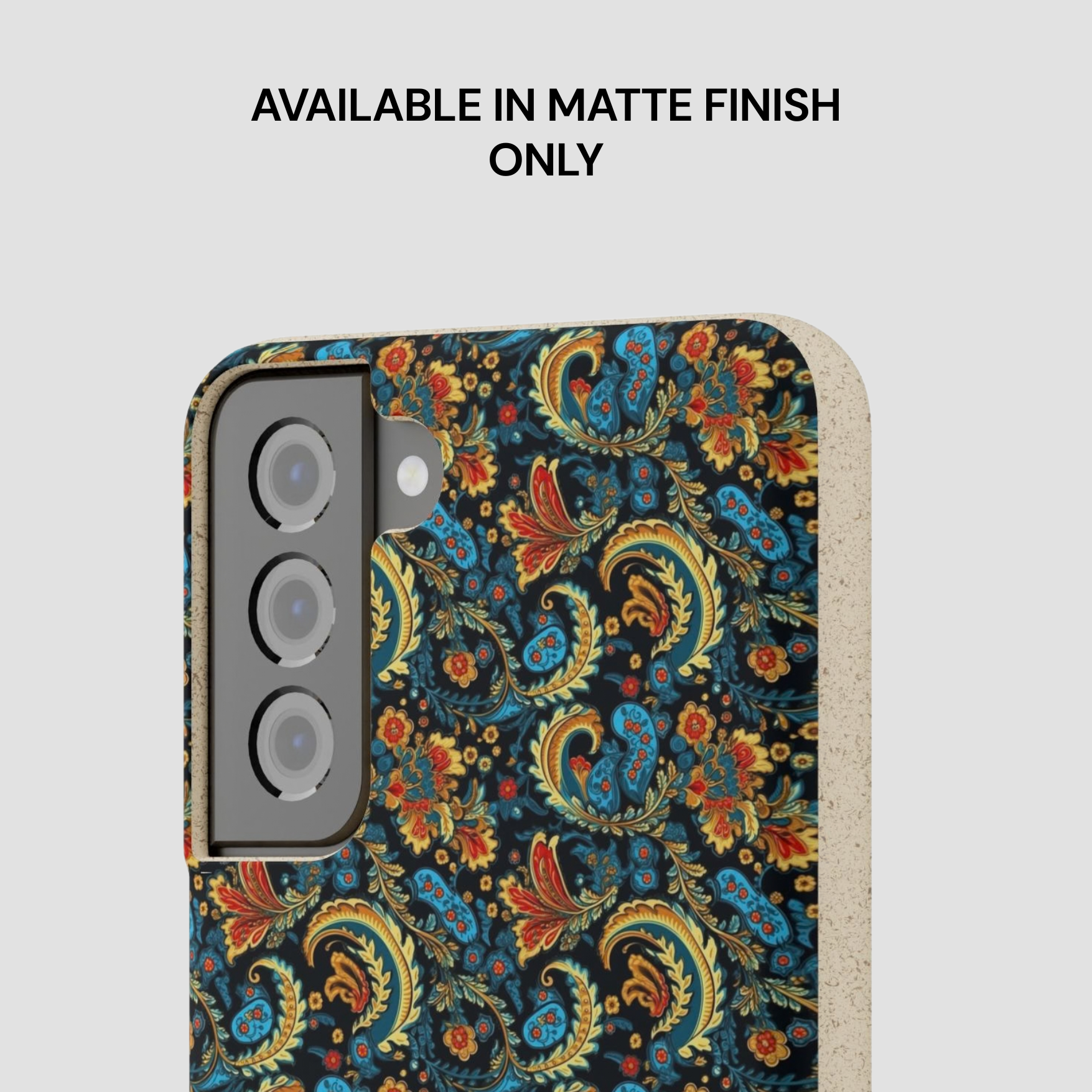 Phone case with colorful paisley design on a light gray background