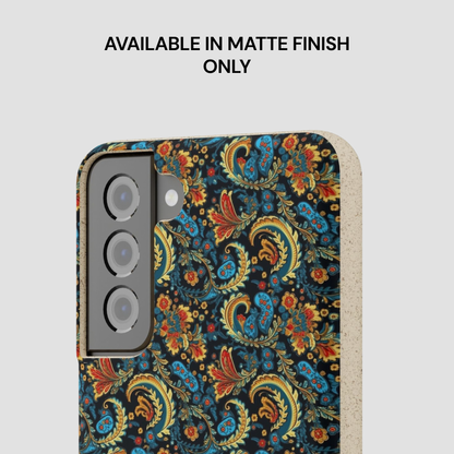 Phone case with colorful paisley design on a light gray background
