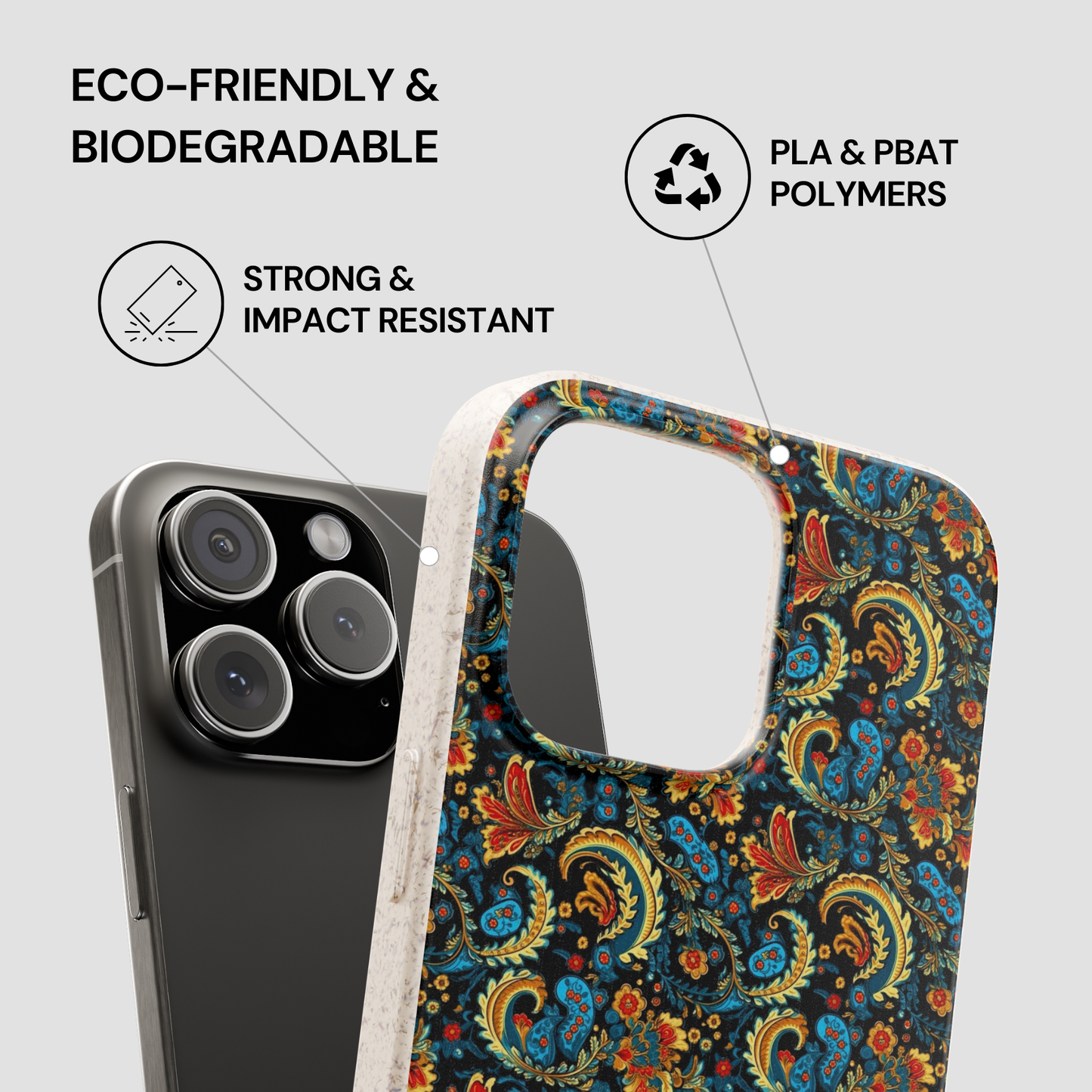 Eco-friendly phone case with colorful paisley design on a gray background