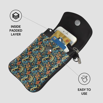 Patterned phone case with floral design, showing inside padding and ease of use features on a light gray background.