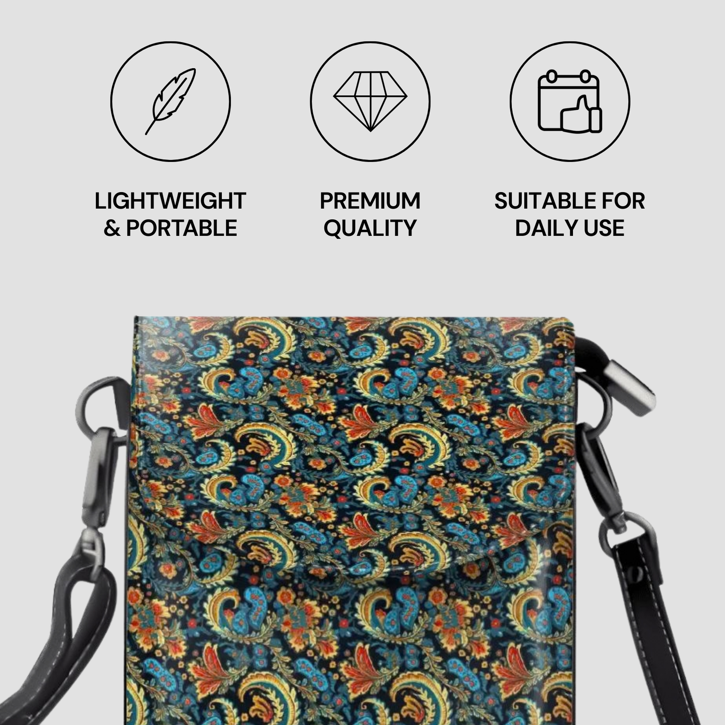 Patterned bag with features labeled as lightweight, portable, premium quality, and suitable for daily use.