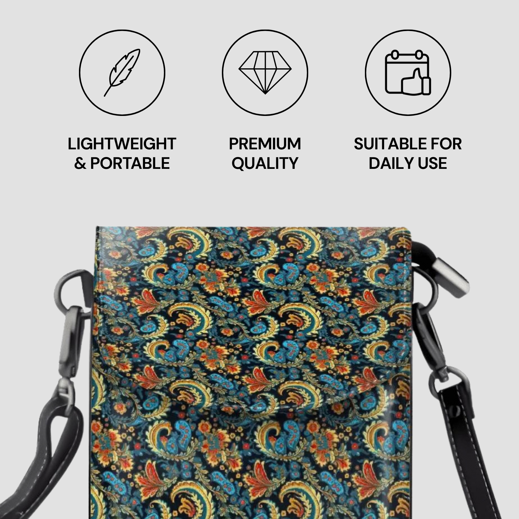 Patterned bag with features labeled as lightweight, portable, premium quality, and suitable for daily use.
