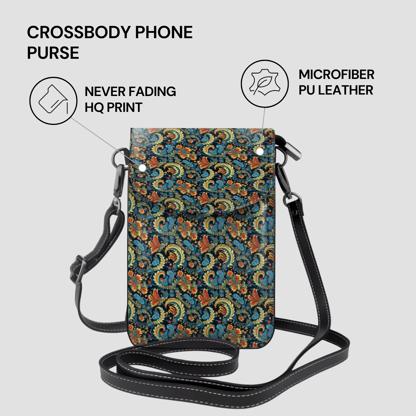 Crossbody phone purse with floral pattern on a light gray background