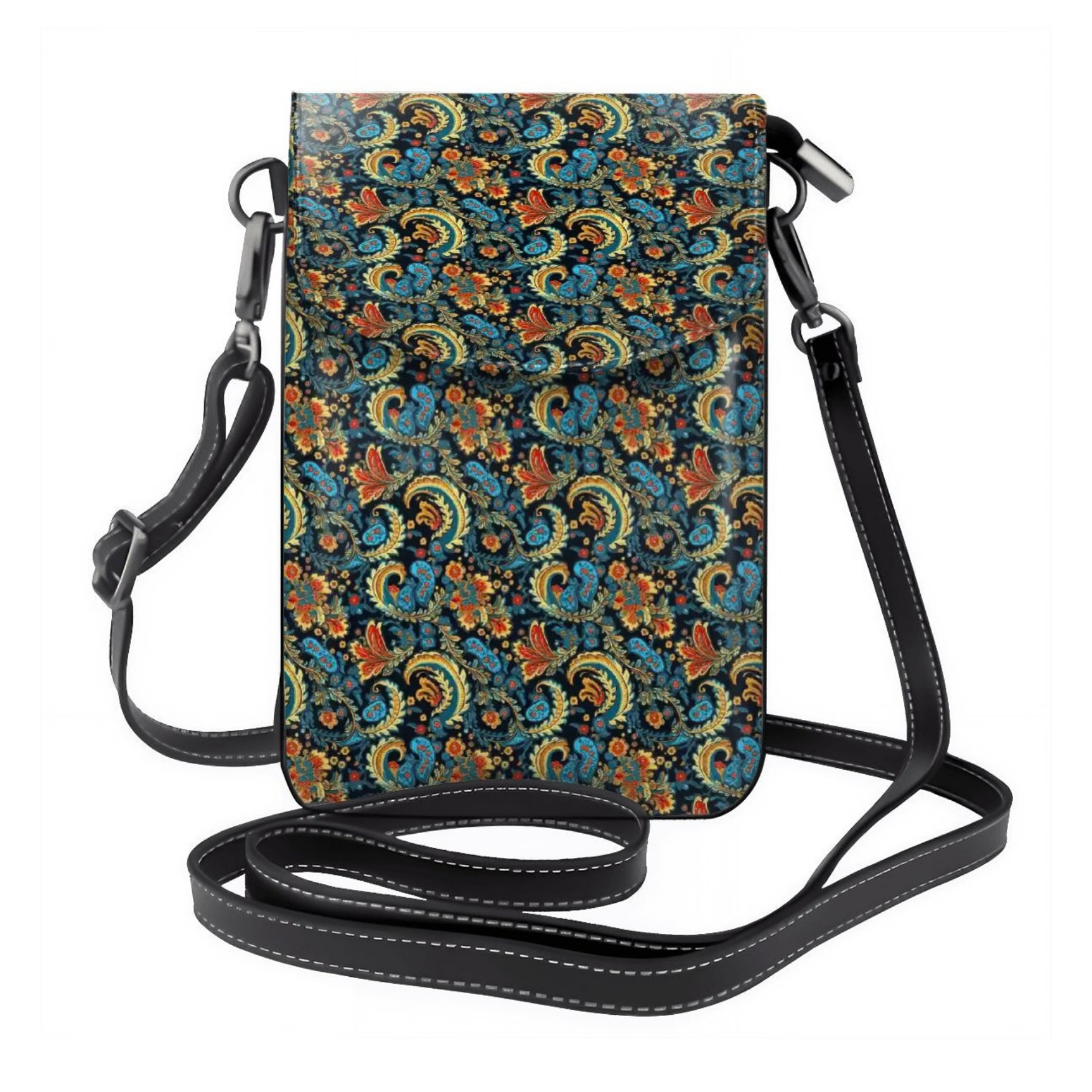 Floral patterned crossbody bag with a strap on a white background
