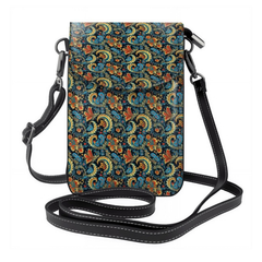 Floral patterned crossbody bag with a strap on a white background