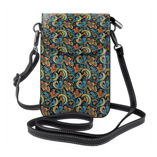 Floral patterned crossbody bag with a strap on a white background