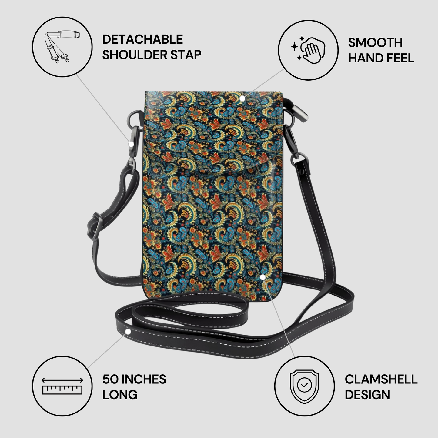 Patterned crossbody bag with features highlighted on a light gray background