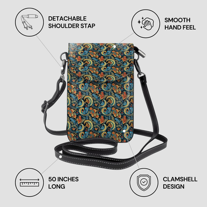 Patterned crossbody bag with features highlighted on a light gray background