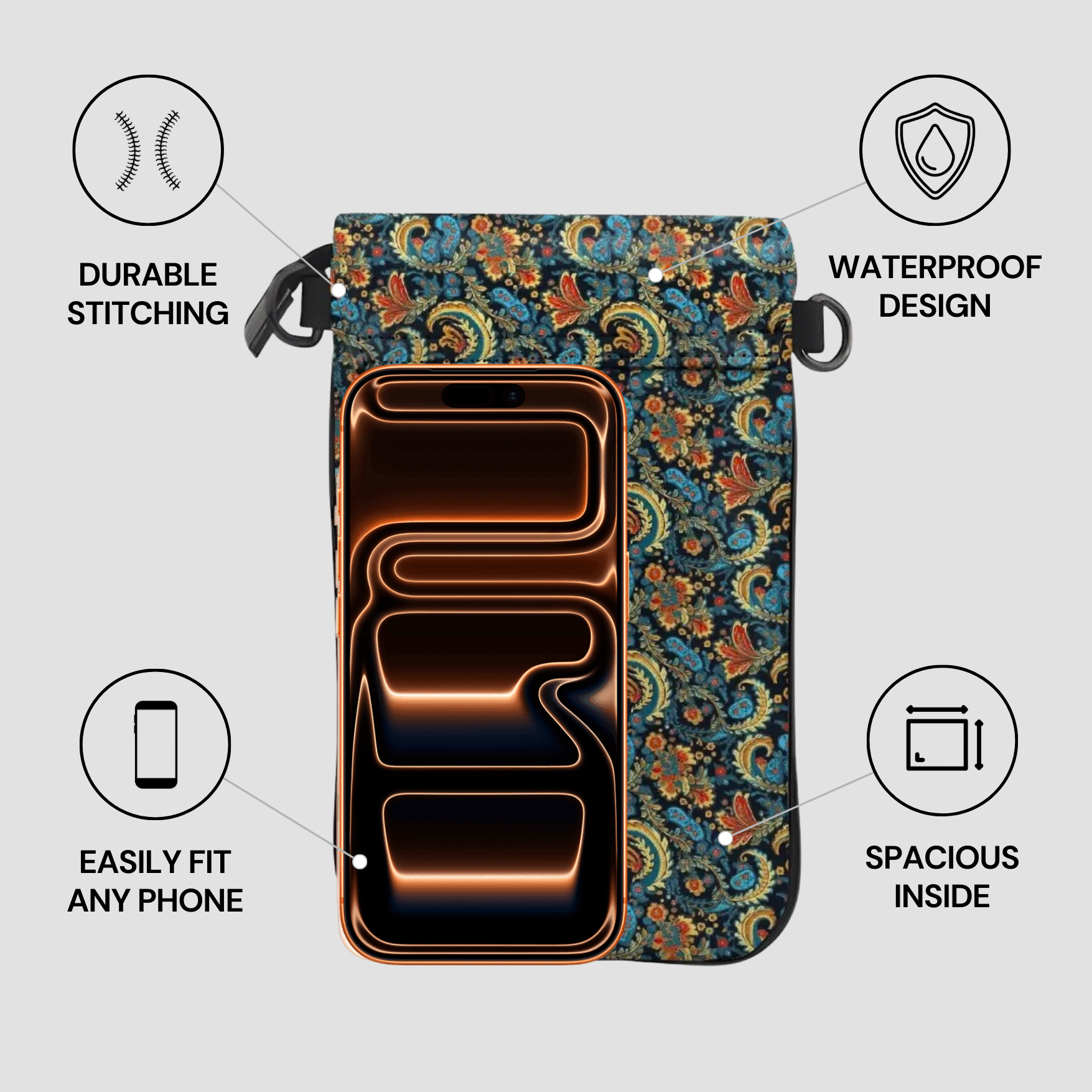 Floral-patterned phone case with features highlighted on a gray background