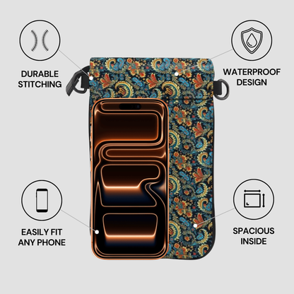 Floral-patterned phone case with features highlighted on a gray background