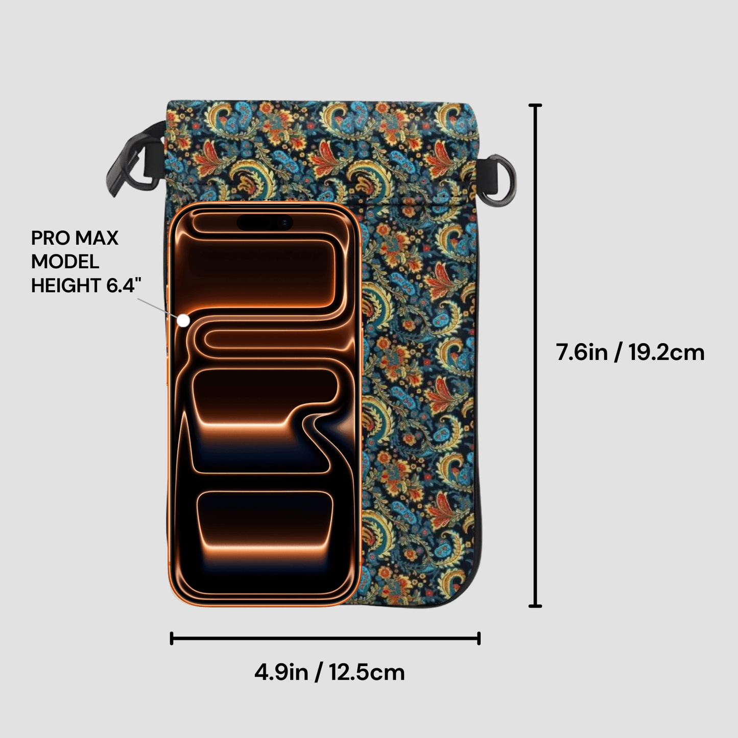 Floral-patterned phone case with dimensions labeled on a gray background