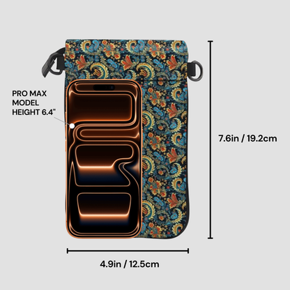 Floral-patterned phone case with dimensions labeled on a gray background
