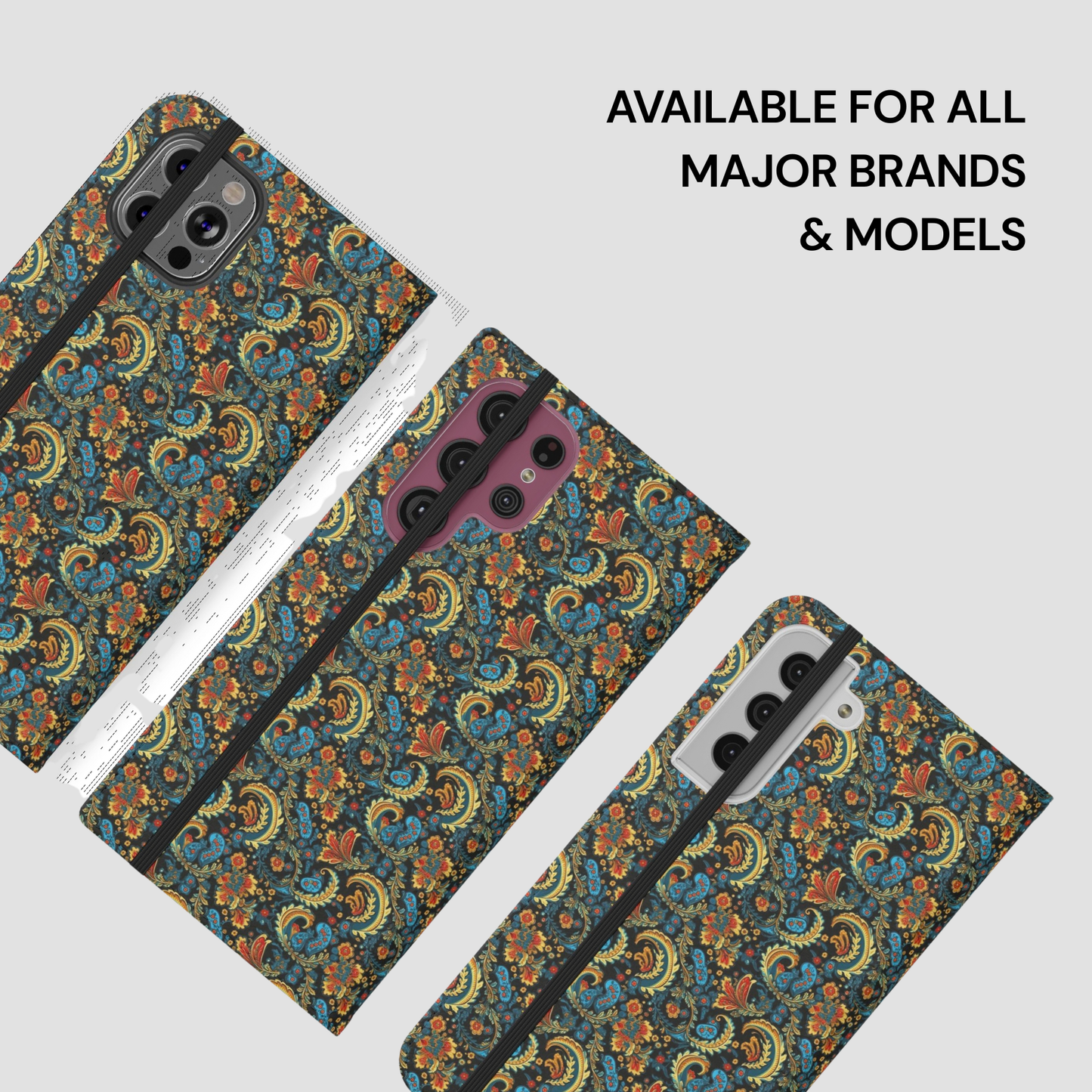 Patterned phone case on a white background with text 'Available for all major brands & models'.
