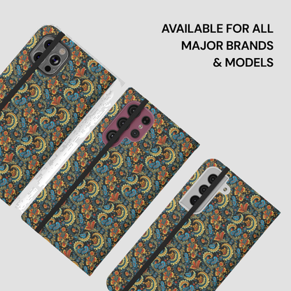 Patterned phone case on a white background with text 'Available for all major brands & models'.