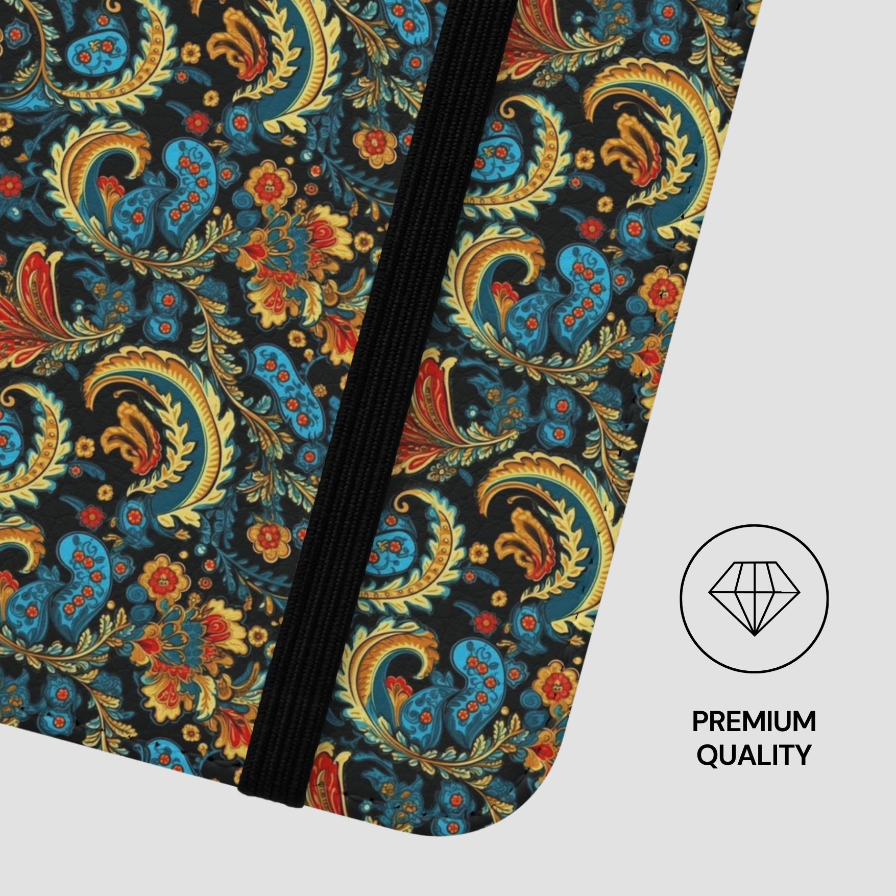 Notebook with a colorful paisley pattern on a white background