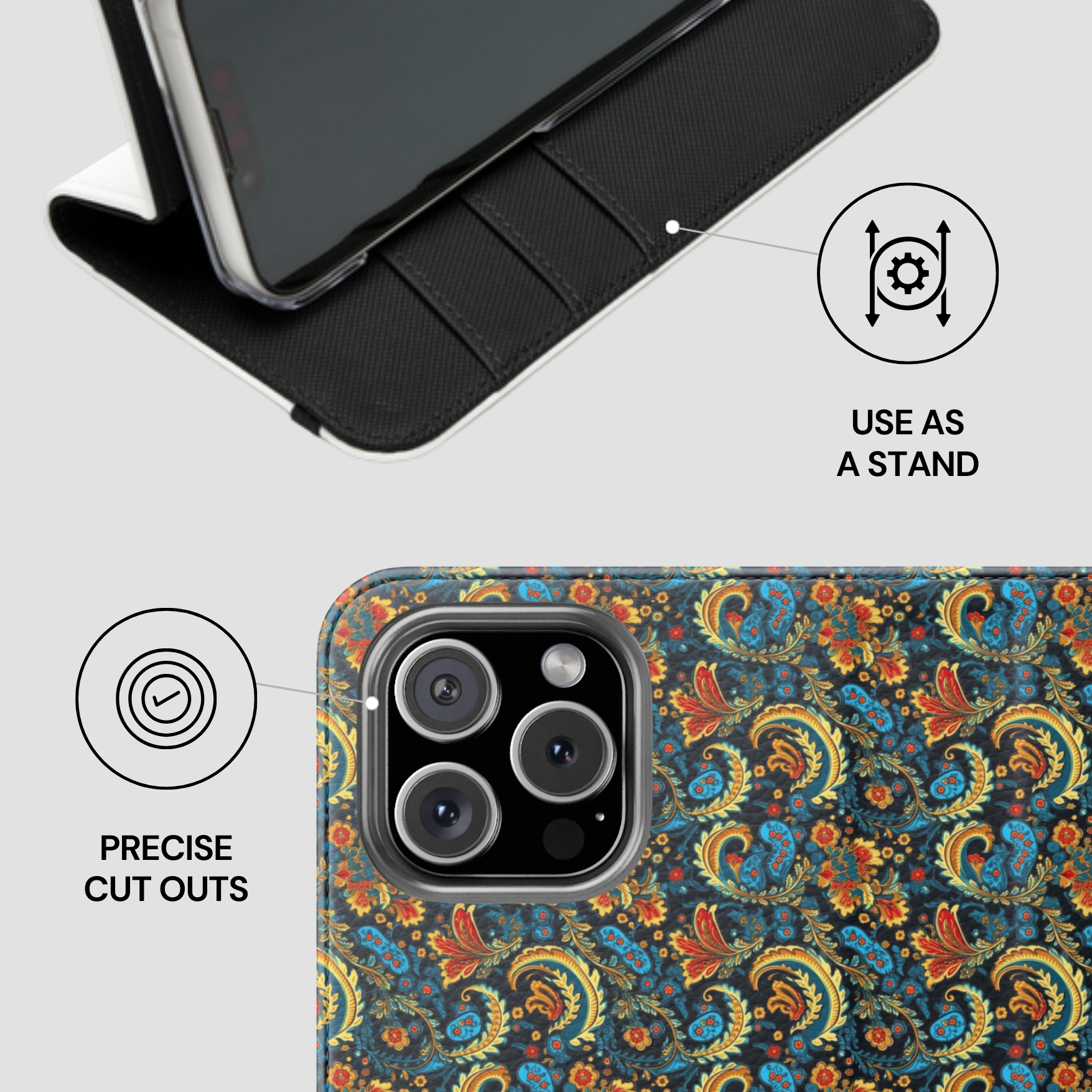 Phone case with paisley design and features labeled on a light gray background