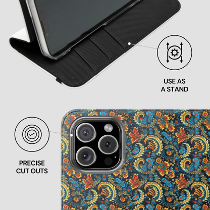 Phone case with paisley design and features labeled on a light gray background