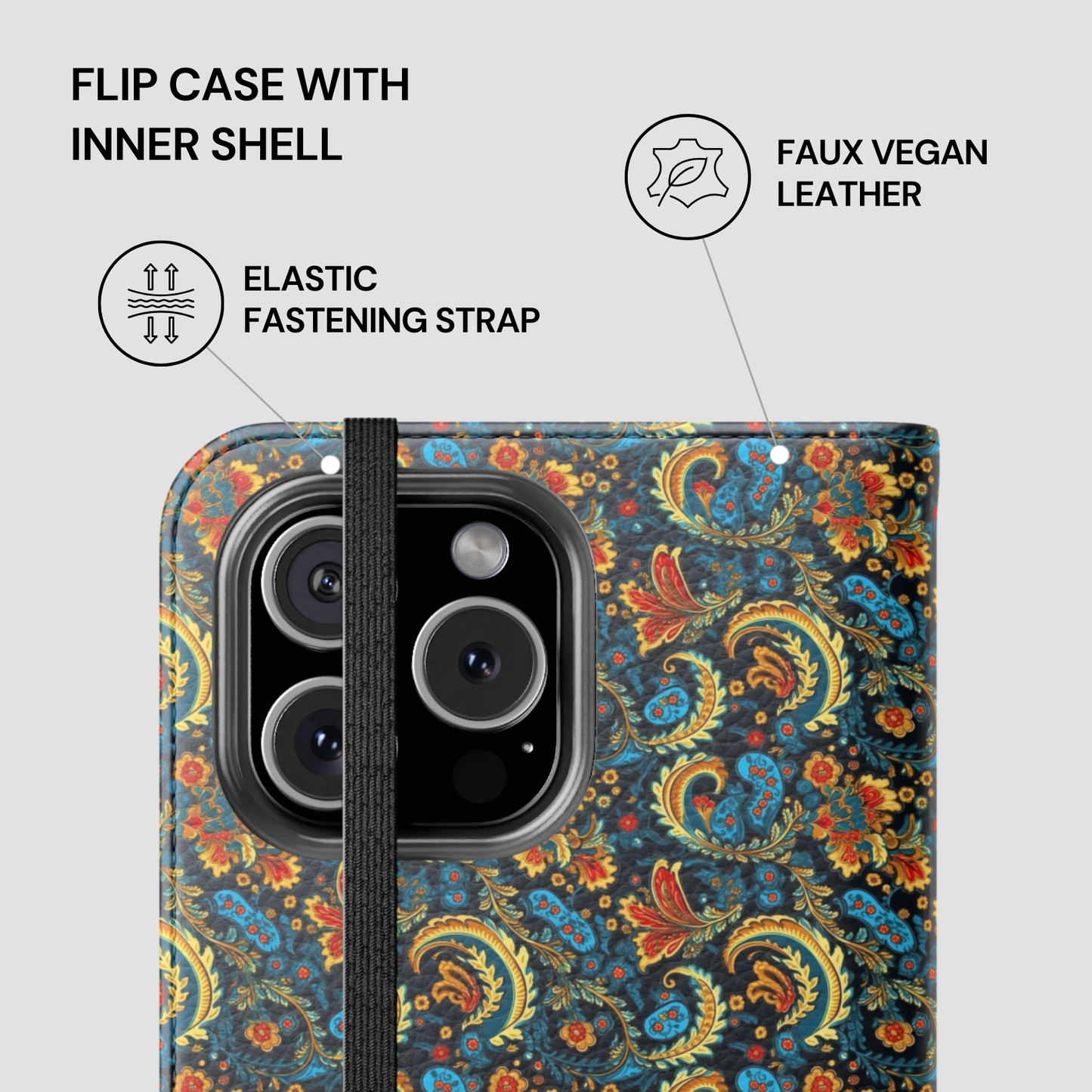 Floral patterned phone case with features listed on a white background