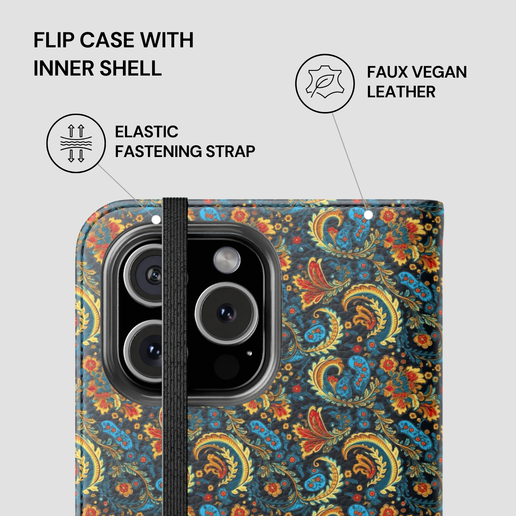 Floral patterned phone case with features listed on a white background