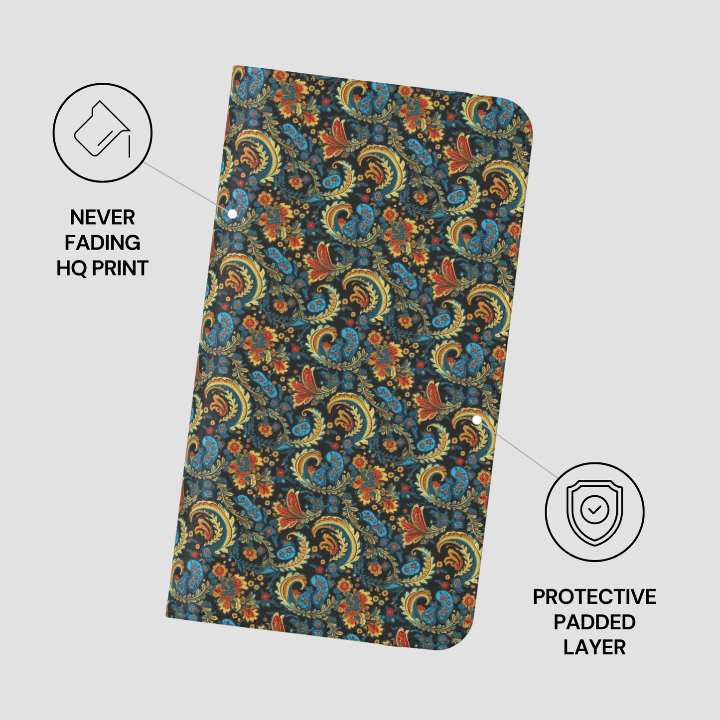 Floral patterned notebook with protective features on a light gray background