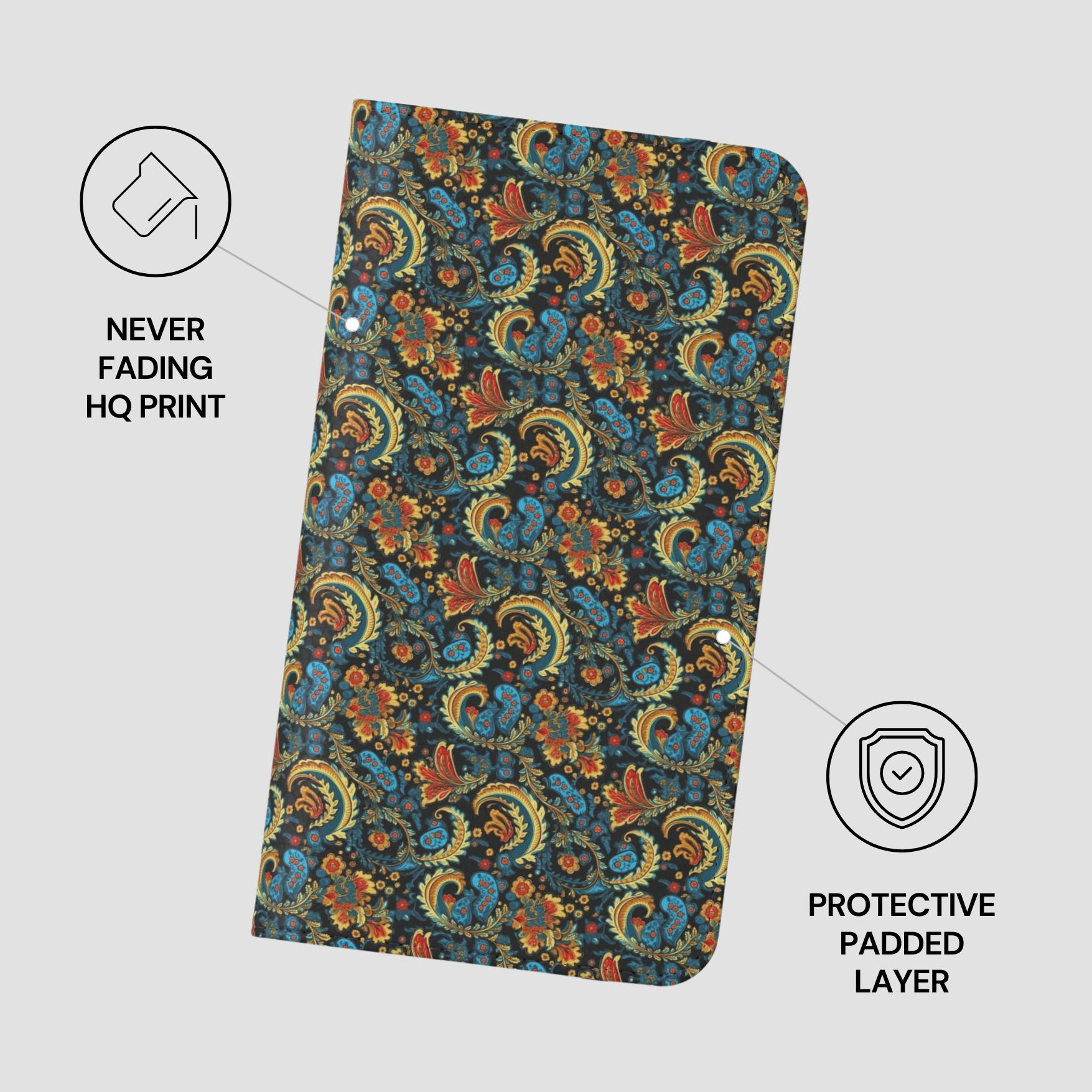 Floral patterned notebook with protective features on a light gray background