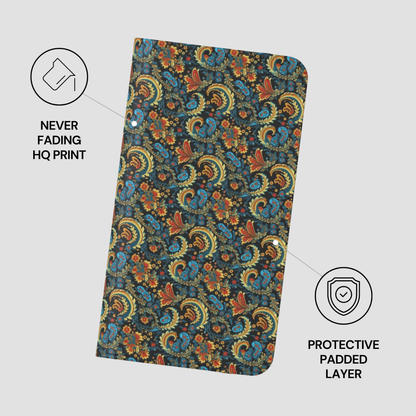 Floral patterned notebook with protective features on a light gray background