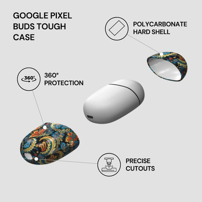 Google Pixel Buds Tough Case with features highlighted on a white background