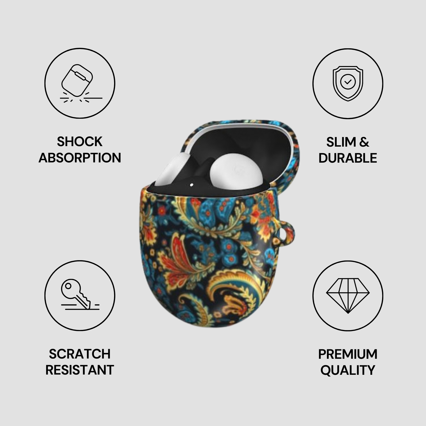 Colorful case with product and feature icons on a light gray background