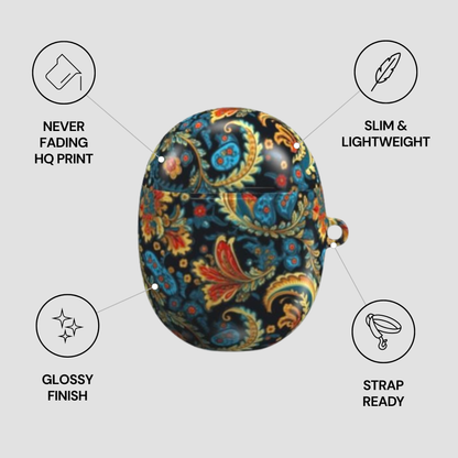 Colorful paisley-patterned case with features listed on a gray background