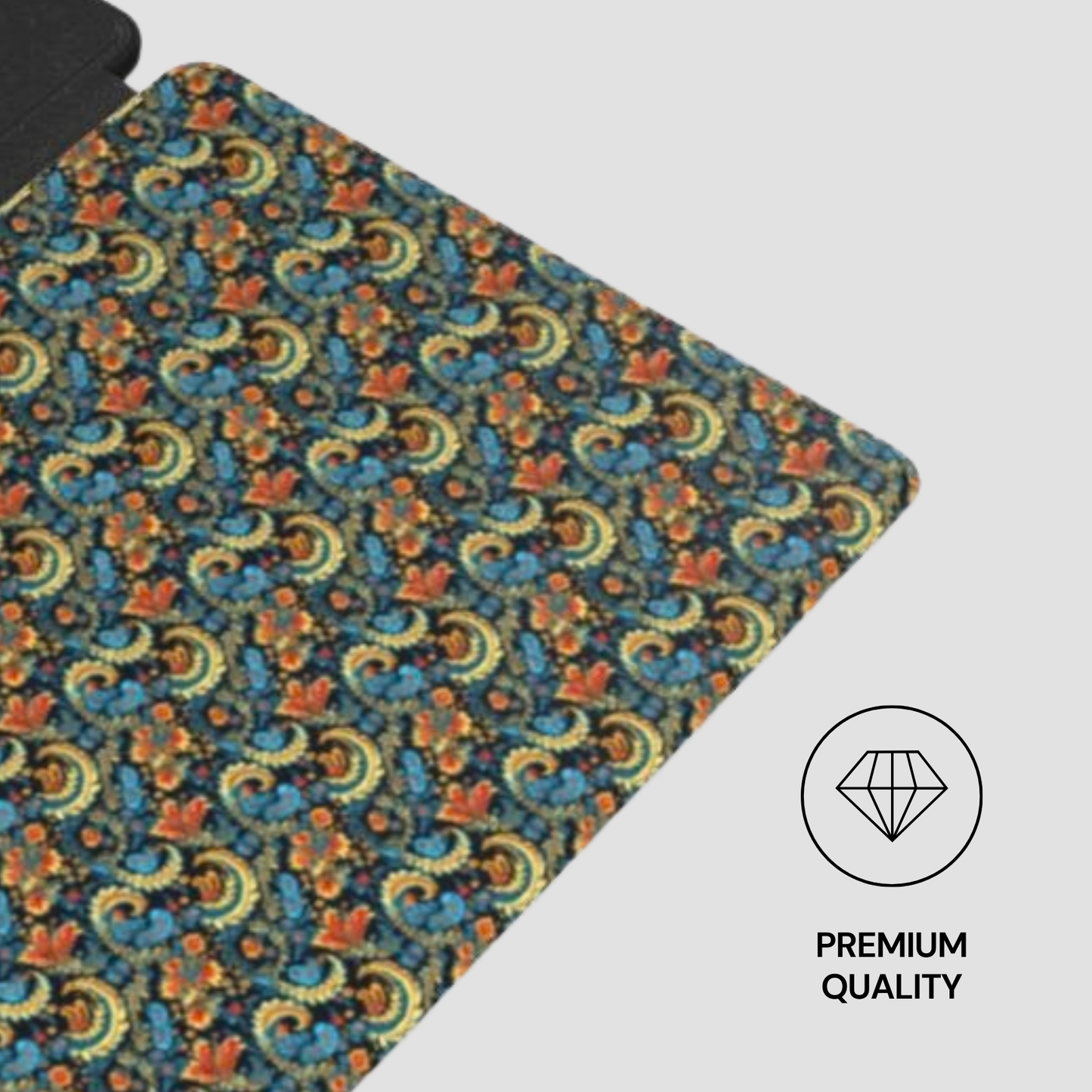 Colorful patterned mouse pad with a 'Premium Quality' label on a light gray background