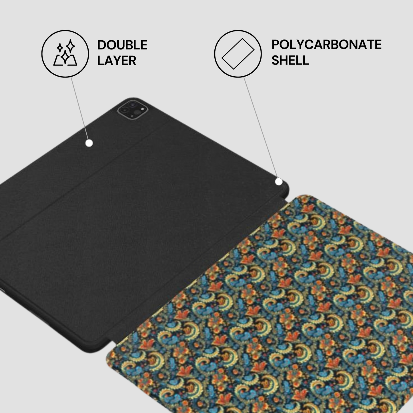 Tablet case with double layer and polycarbonate shell features on a gray background