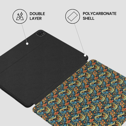 Tablet case with double layer and polycarbonate shell features on a gray background