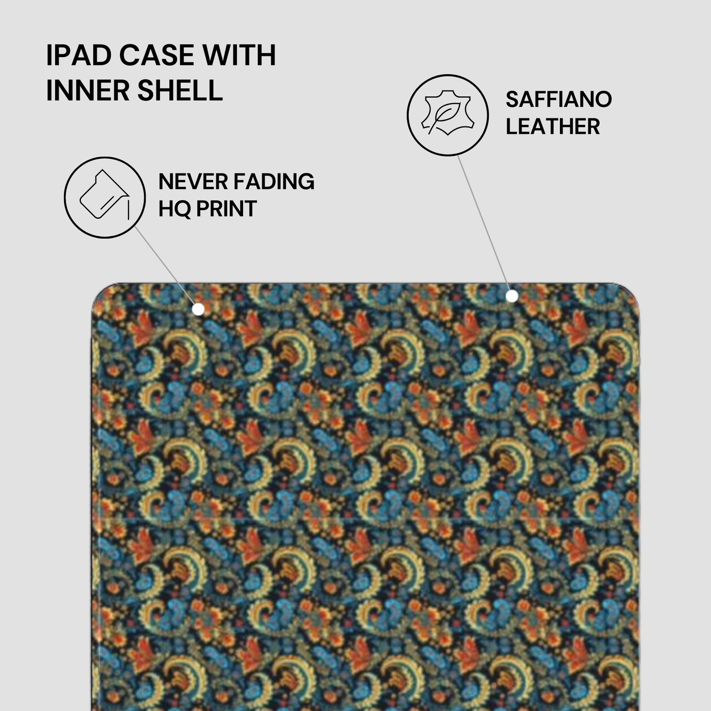 Patterned iPad case with saffiano leather inner shell on a light gray background