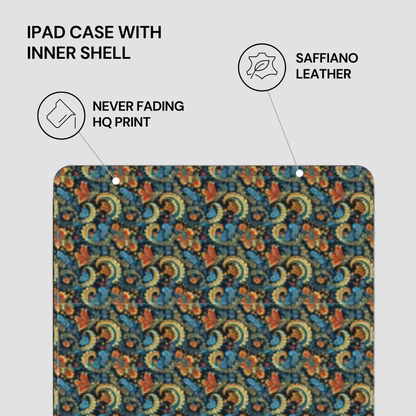 Patterned iPad case with saffiano leather inner shell on a light gray background