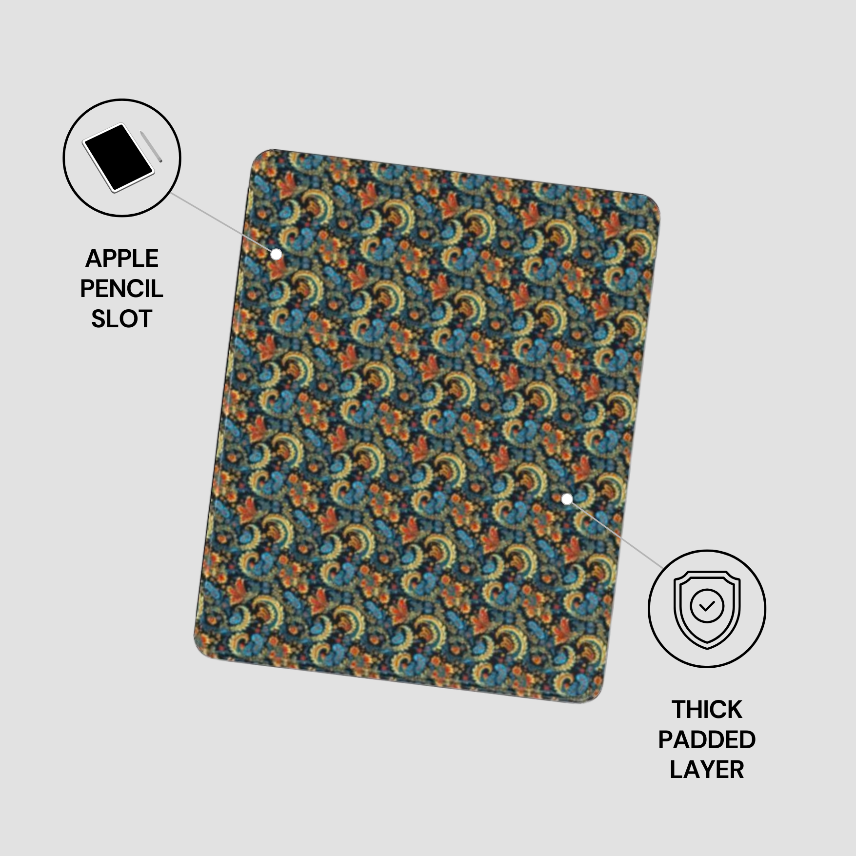Patterned case with Apple Pencil slot and thick padded layer on a light gray background