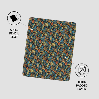 Patterned case with Apple Pencil slot and thick padded layer on a light gray background
