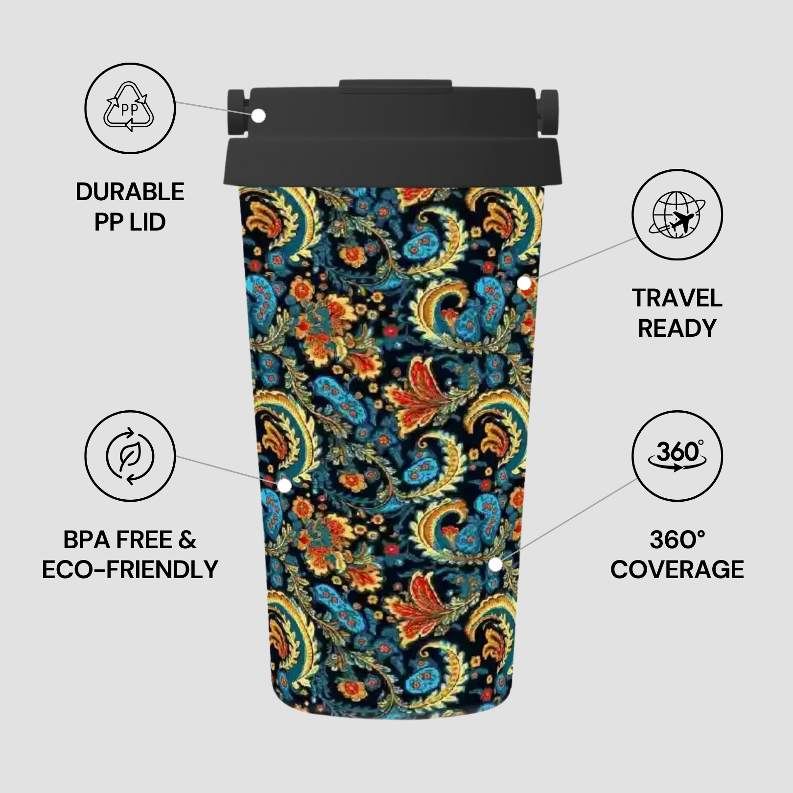 Travel mug with colorful paisley design and features listed on a light gray background